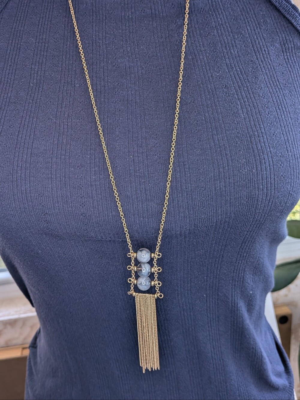 Gold Tone Long Pendant Necklace Swirl Glass Art Beads Fringe Chain Tassel Retro